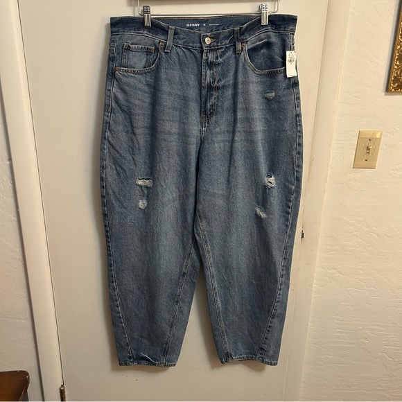 Old Navy Barrel Leg Jeans Extra High Rise Womens Size 16 Blue Taper Distressed - Picture 1 of 10